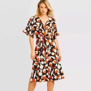 Who What Wear Black & Orange Fall Midi Dress|Ruffle Sleeves|Tulip Print Size S
